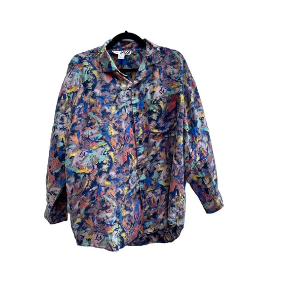 100% Silk Art Teacher Button Up Collared Shirt Size Medium - Picture 1 of 7